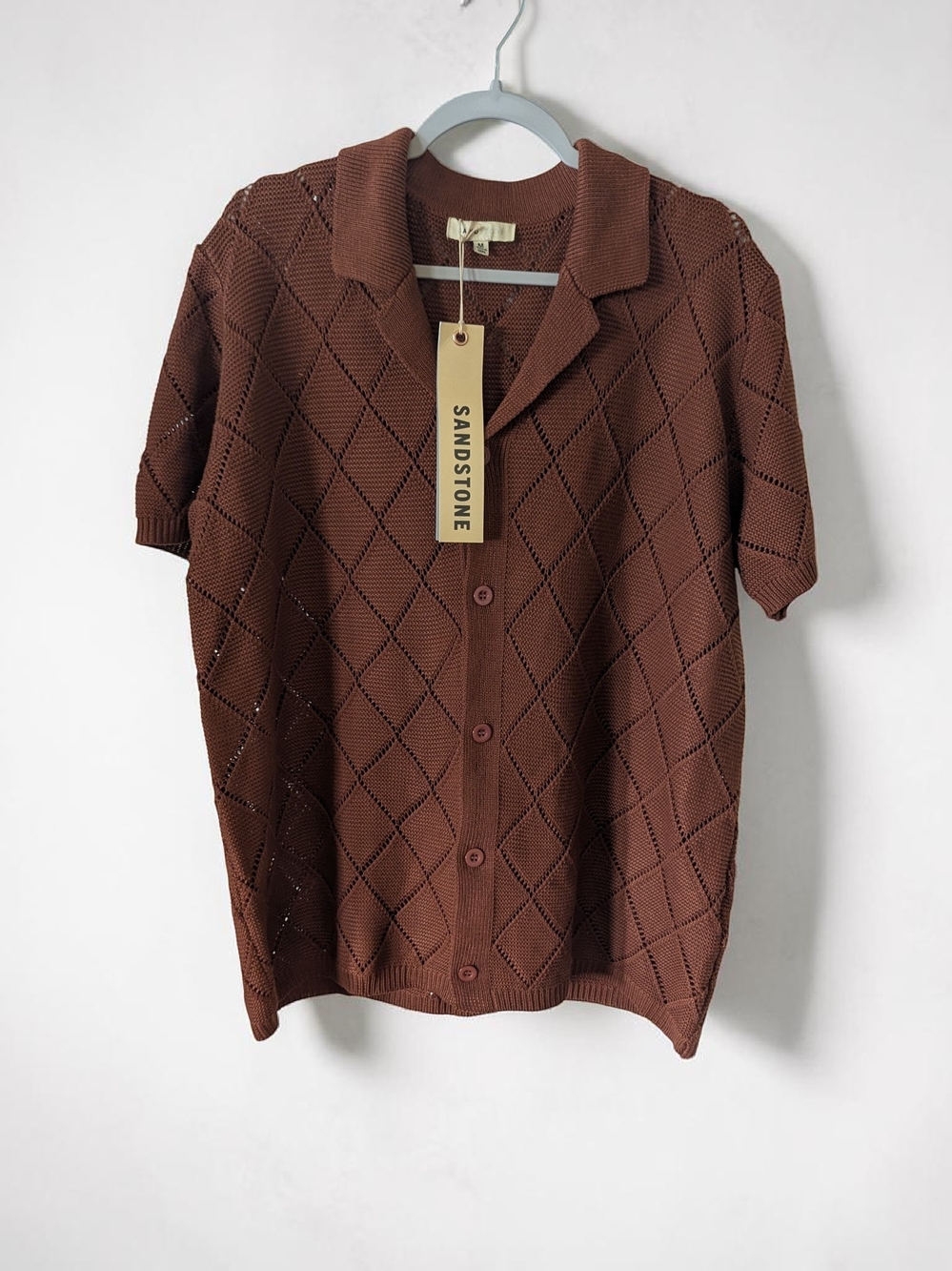 Men's Terra Cotta Open-Knit Short Sleeve Cardigan Shirt